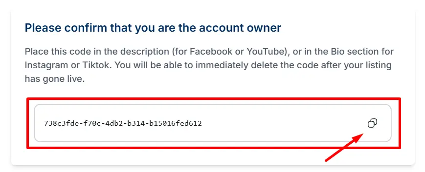 Conformation code that you are the account owner
